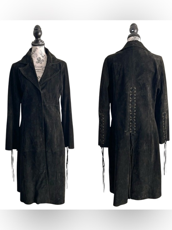 Vintage Jackets & Blazers - Vintage Black Leather Coat Corset Lace-Up Back Gothic Pirate Duster
